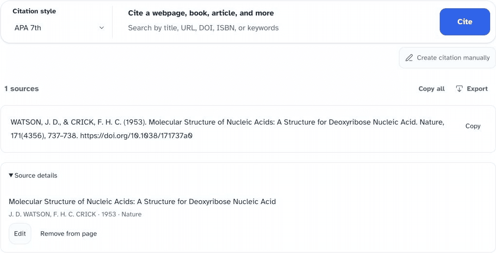 Revisy.ai generated reference with expanded source details for reviewing the author, title, year, and publication.