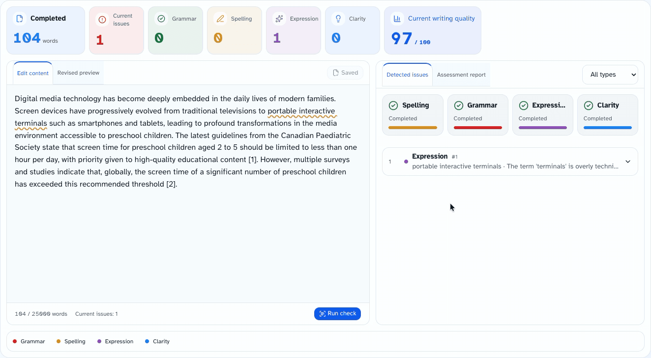Student grammar report: 104 words reviewed; one expression concern highlights ‘portable interactive terminals.’ No grammar, spelling, or clarity issues were flagged in this recorded review.