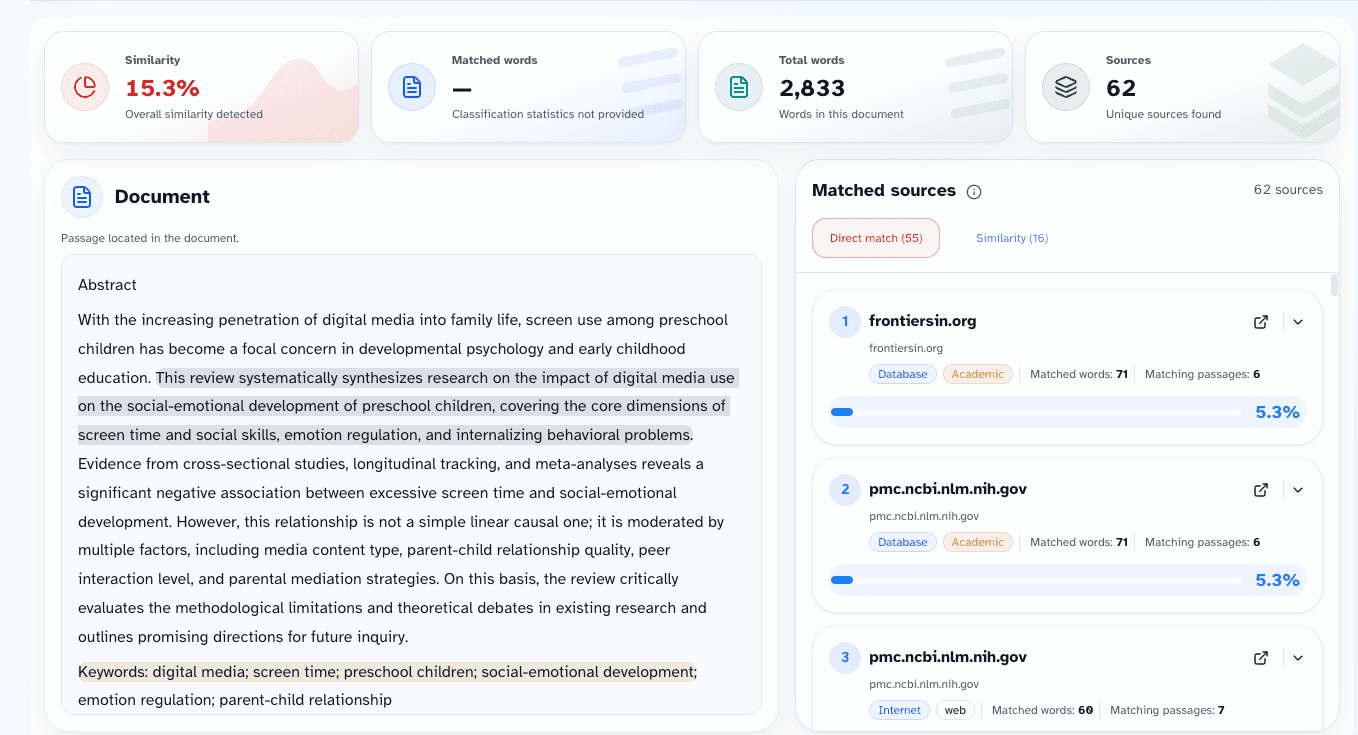 Plagiarism report showing similarity percentage, total word count, and matched sources