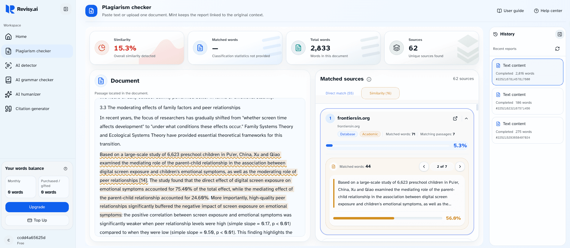 Plagiarism report connecting highlighted document passages with matching source details