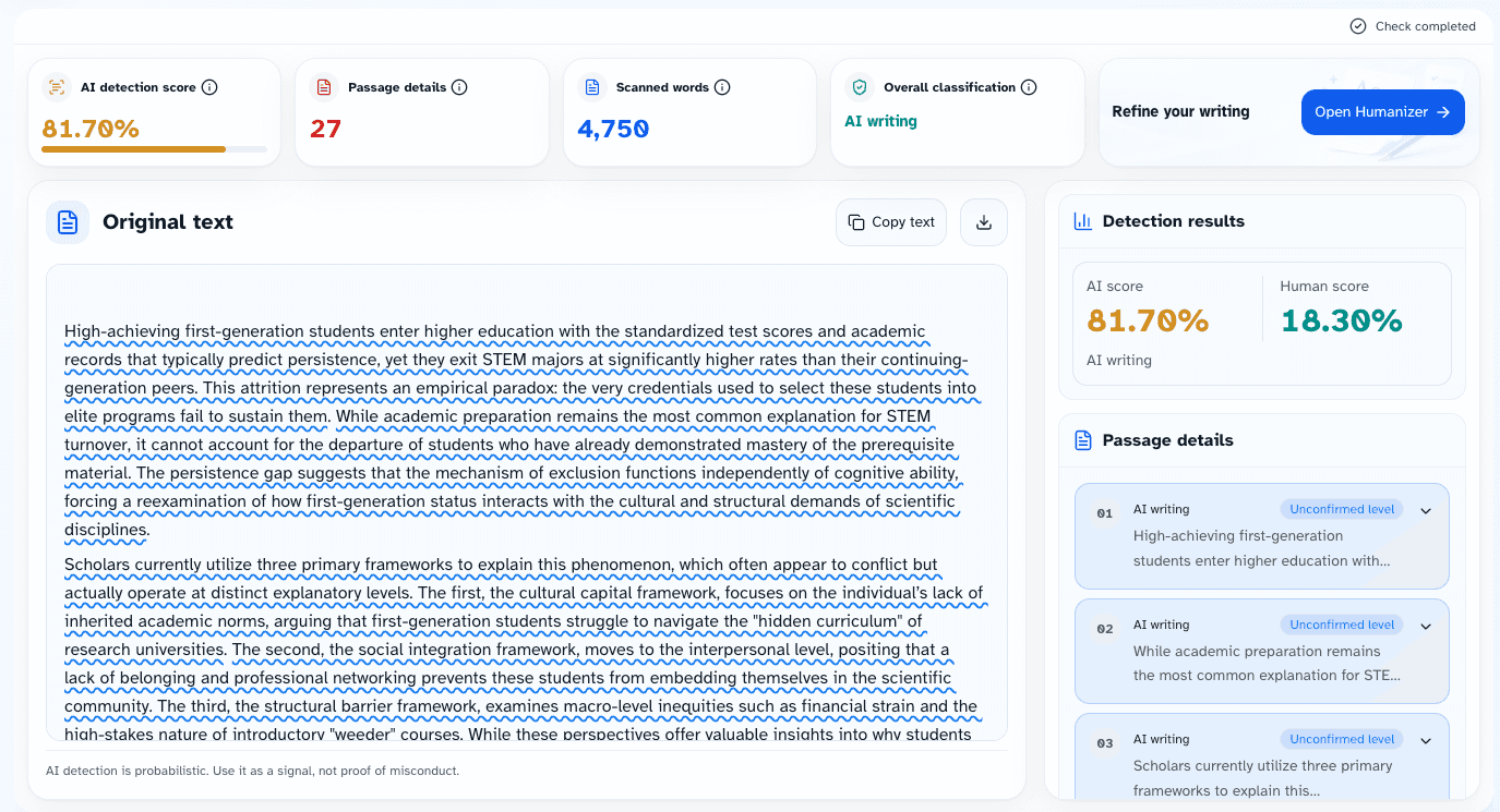 Revisy.ai AI Detector showing an academic research draft, AI-writing score, and passage-level signals
