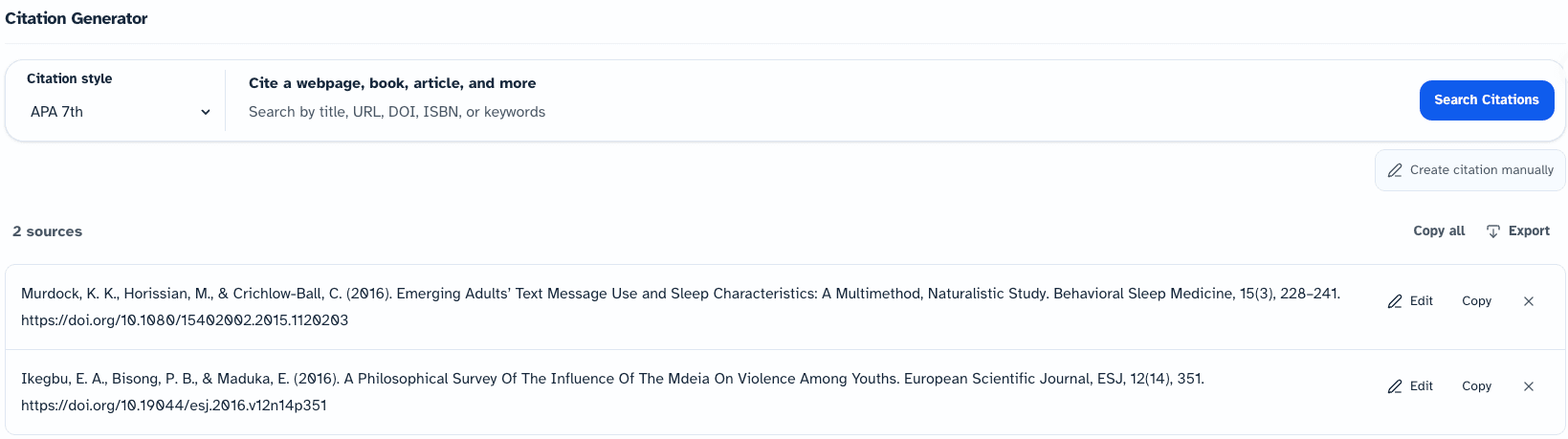 Revisy.ai Citation Generator showing APA 7th references with source details and DOI links